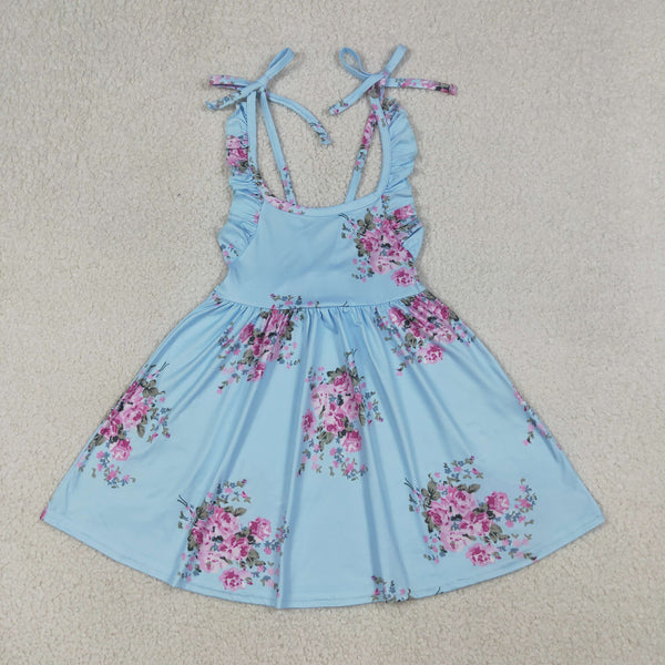 GSD4088 Pay attention to the sizes RTS kids girl clothes blue foral girl summer dress