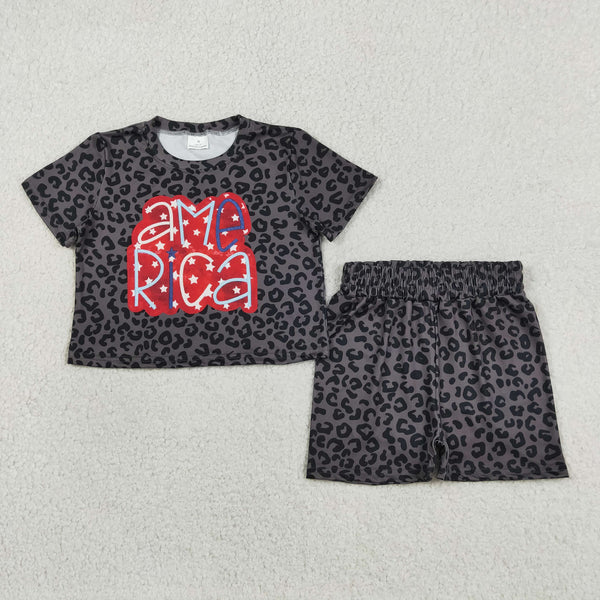 RTS GSSO2576 baby girls AME RICA black leopard outfits summer shorts set