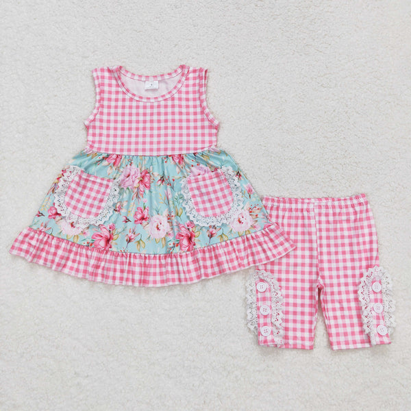 GSSO0851 RTS baby girl clothes flower pink gingham toddler girl summer outfits