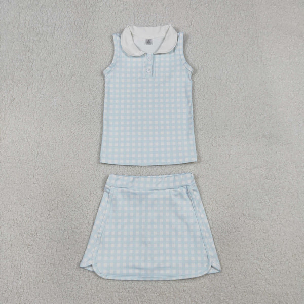 GSD3375 RTS toddler girl clothes blue gingham print girl yoga summer skirt set sports outfit