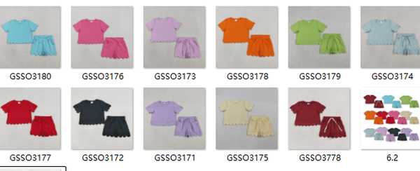 RTS Matching  toddler clothes solid color scallop  print set girls summer clothing-2026.7.30