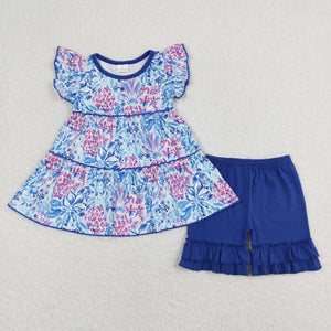 GSSO0614 RTS baby girl clothes blue flower toddler girl summer outfit