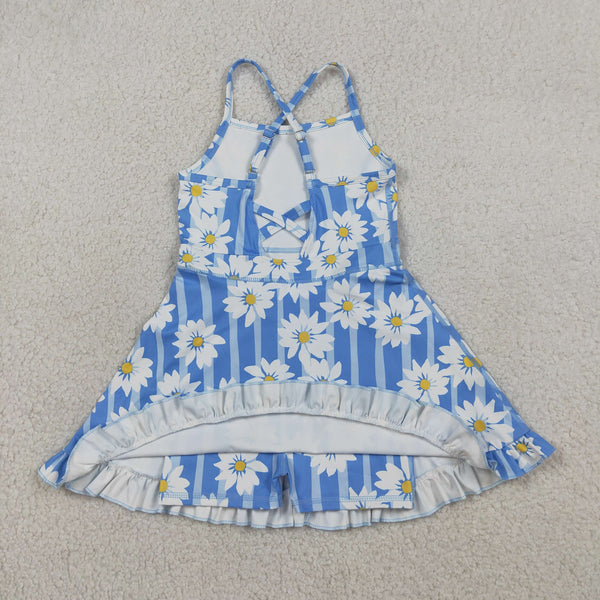 GSD2283 RTS girl clothes blue floral girl summer set yoga clothes atheletic clothes