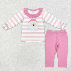 GLP1739 RTS  toddler girl clothes pink stripe santa claus girl christmas winter set-embroidery