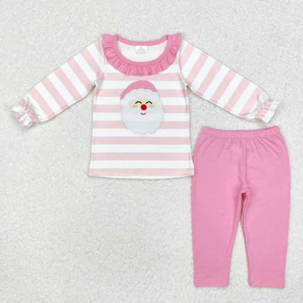 GLP1739 RTS  toddler girl clothes pink stripe santa claus girl christmas winter set-embroidery