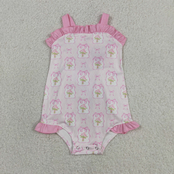 SR4112 RTS baby clothes pink floral bows toddler girl summer bubble
