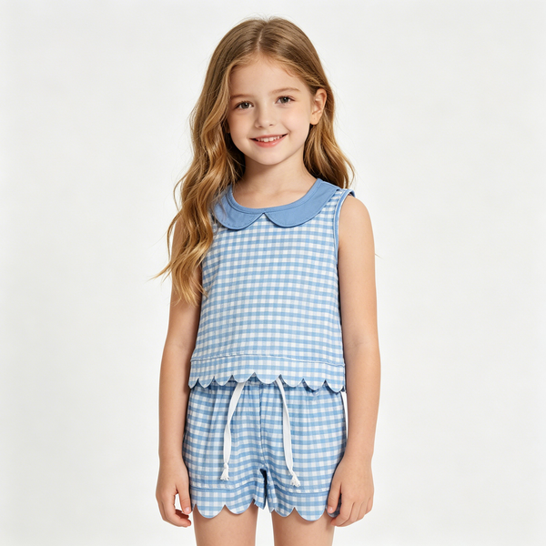 GSSO3397 RTS kids clothes blue gingham scalloped girl summer outfit  clothing set