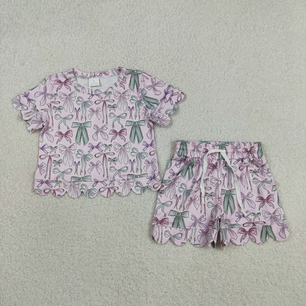 GSSO3409 RTS kids clothes bows scalloped girl summer outfit  clothing set summer shorts set