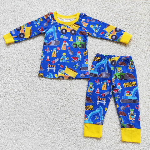 boy farm blue winter long sleeve set pajamas