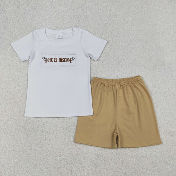 BSSO1674  RTS kids boy summer outfit he is risen easter clothing set embroidery shorts set