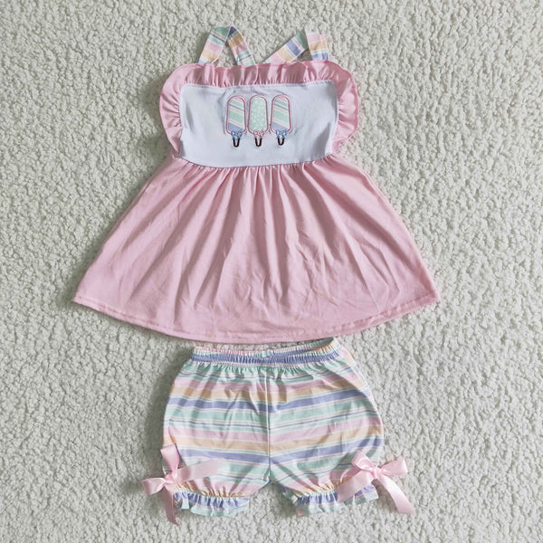 GSSO0012 girl clothes summer emboridery popsicle  pink set