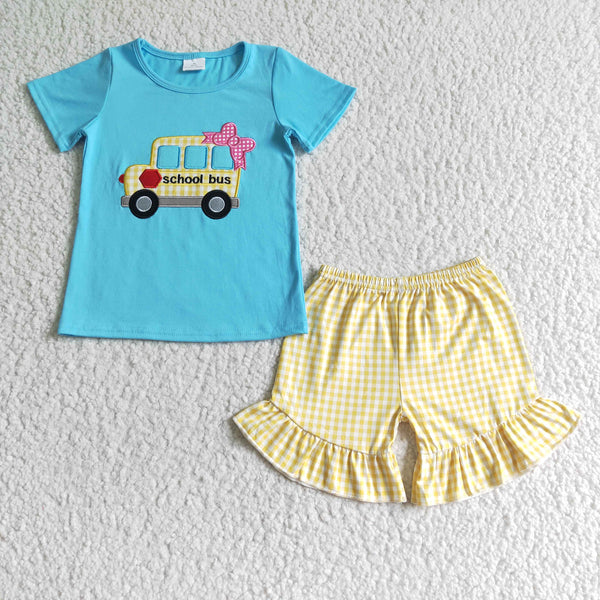 kids back to school bus emboridery matching set