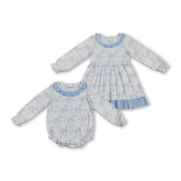 LR2312 RTS Girl Winter Bubble Winter Onesie Blue Floral Clothes
