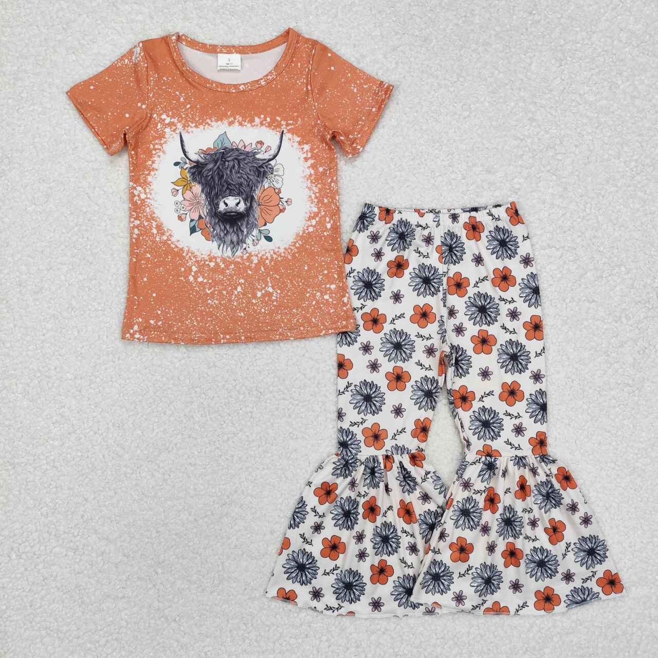 GSPO1525 RTS baby girl clothes cow flower print girls bell bottoms outfit