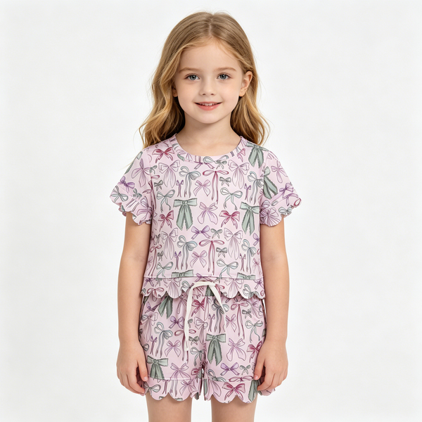 GSSO3409 RTS kids clothes bows scalloped girl summer outfit  clothing set summer shorts set