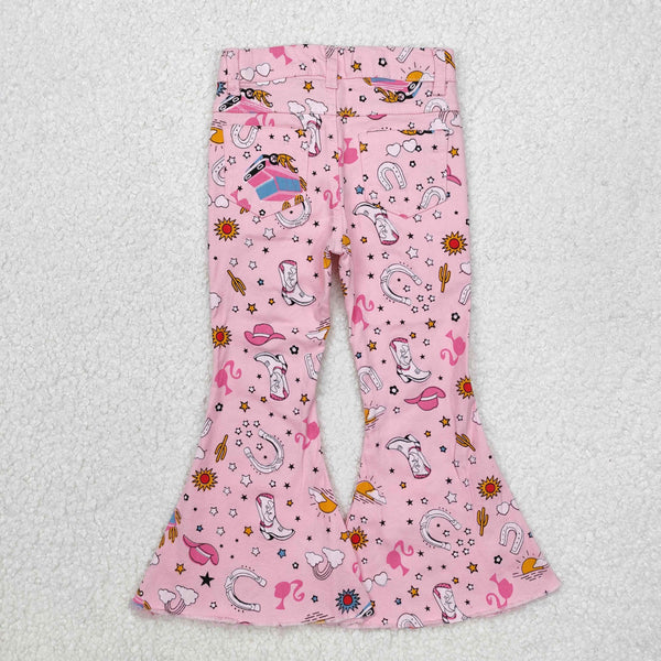 P0407 RTS baby girl clothes barbie cowboy pink bell bottom jeans western fashion