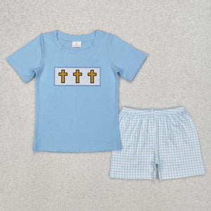 BSSO1234 RTS baby boy clothes cross embroidery  toddler boy easter summer outfit