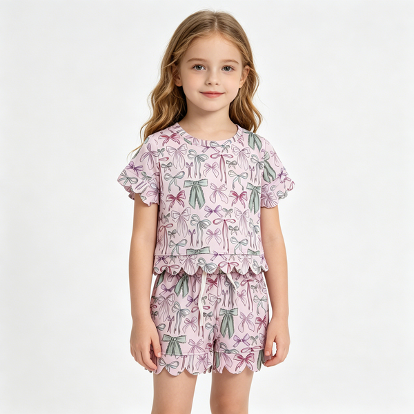 GSSO3409 RTS kids clothes bows scalloped girl summer outfit  clothing set summer shorts set