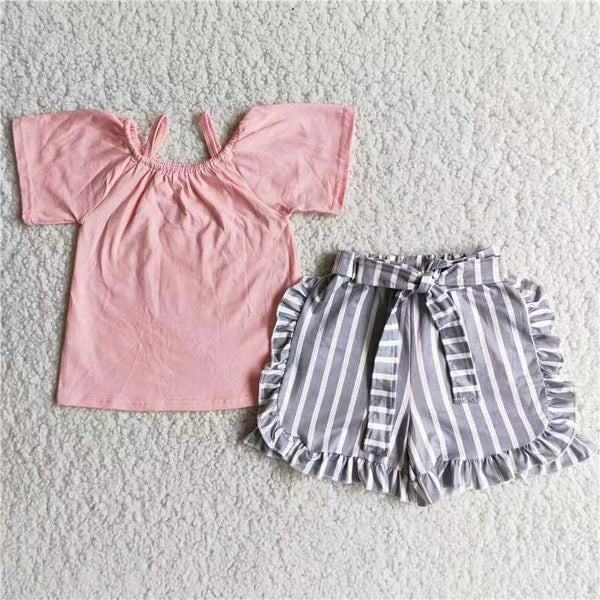 D7-28 girl clothes summer pink grey stripe set-promotion 2024.4.22 $5.5