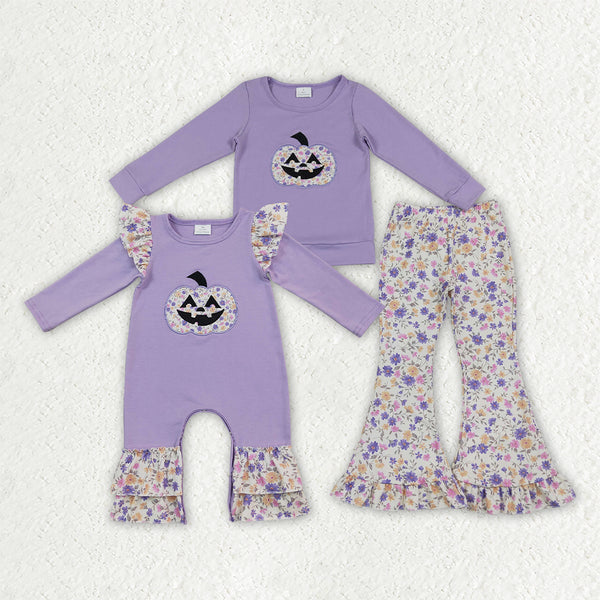 RTS Matching clothing halloween purple pumpkin embroidery floral kid long sleeve halloween fall clothing-2026.9.25