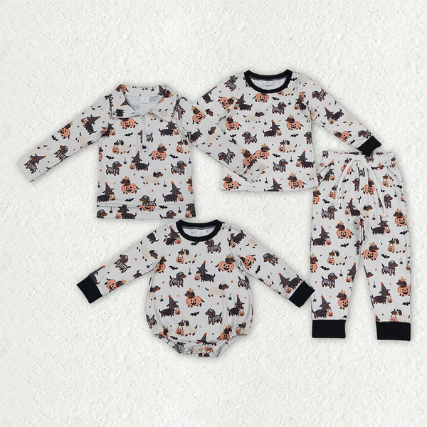 RTS Matching clothing halloween dachshund dog pumpkin witch print kid long sleeve romper top pant fall clothing-2026.9.22