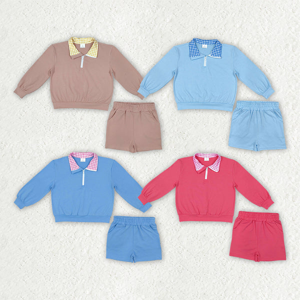RTS Matching clothing Cotton gingham collar zip polo kids casual clothes winter shorts set-2026.10.30
