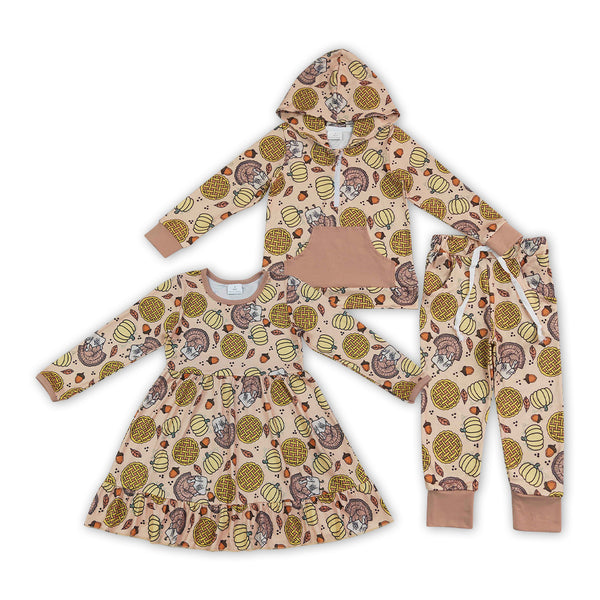 RTS Matching clothing thanksgiving pie turkey print kid long sleeve hooded dress pant fall clothing-2026.9.17
