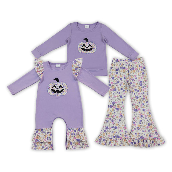 RTS Matching clothing halloween purple pumpkin embroidery floral kid long sleeve halloween fall clothing-2026.9.25
