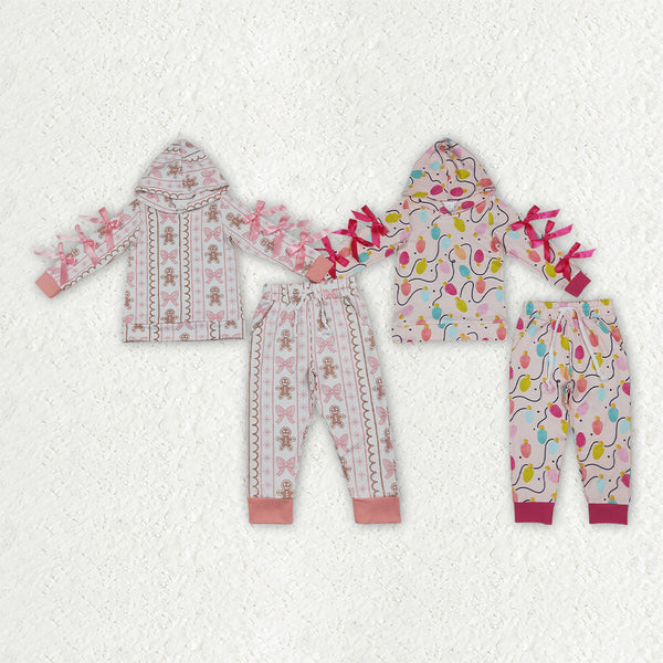 RTS Matching clothing kids Christmas gingerbread & light bulb mixed print toddler girl long sleeve hooded outfit-2026.10.7