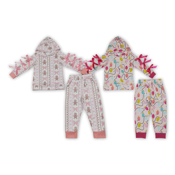 RTS Matching clothing kids Christmas gingerbread & light bulb mixed print toddler girl long sleeve hooded outfit-2026.10.7