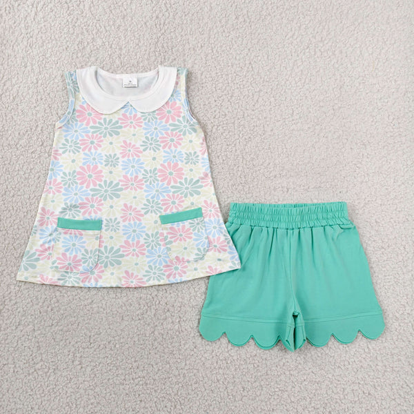 GSSO3632 RTS baby girl clothes flower scalloped  toddler girl summer outfit