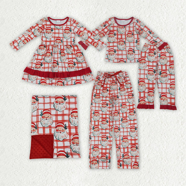 RTS Matching clothing kids christmas santa gingham print toddler girl long sleeve dress pajama set with blanket-2026.10.7