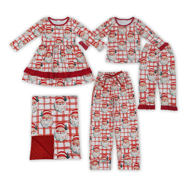 RTS Matching clothing kids christmas santa gingham print toddler girl long sleeve dress pajama set with blanket-2026.10.7