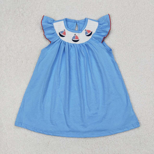 GSD1818 RTS 3-6M to 7-8T girl summer dress blue 4th of July clothes sailboat smock clothing
