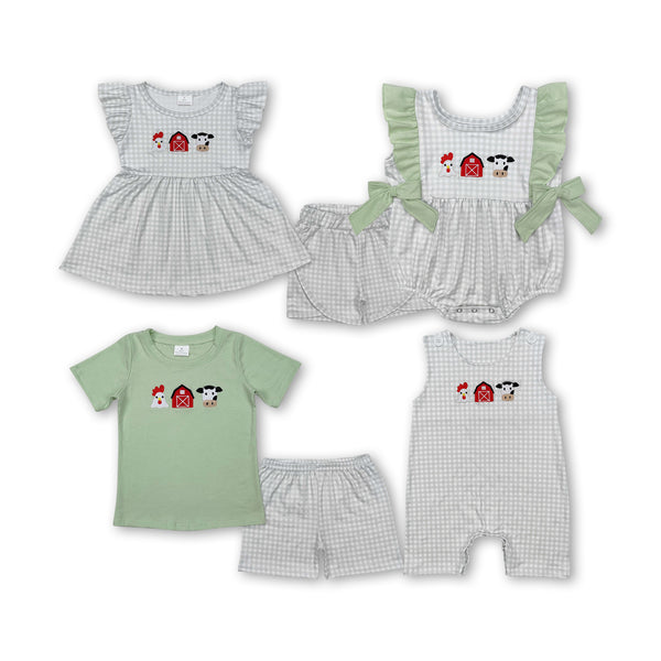 RTS kids clothing matching summer farm clothing embroideried cow clothes