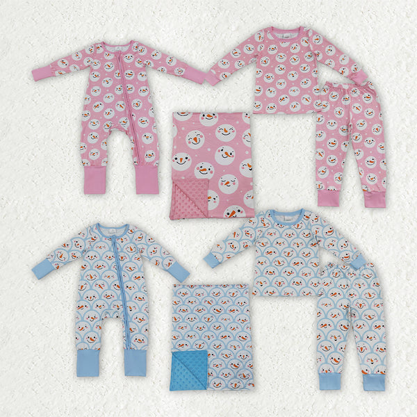 RTS Matching clothing kids winter snowman print baby long sleeve romper pajama set with blanket-2026.10.7