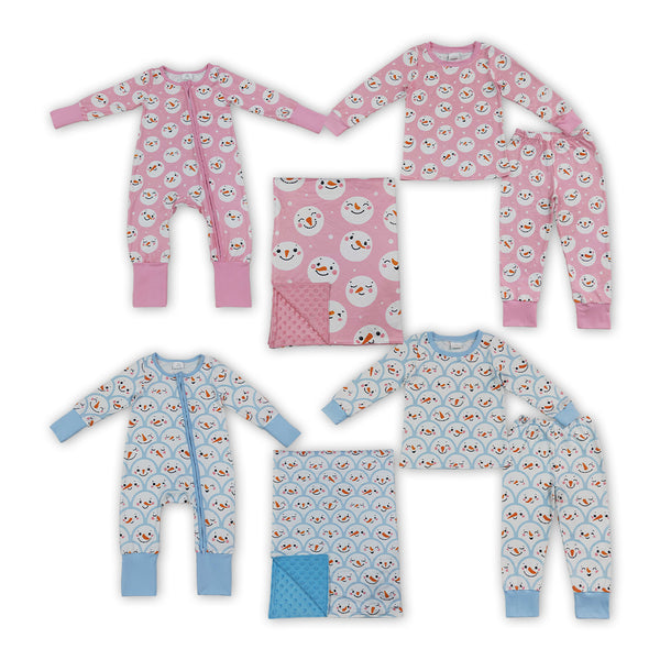 RTS Matching clothing kids winter snowman print baby long sleeve romper pajama set with blanket-2026.10.7