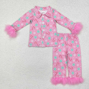 GLP2025 RTS toddler girl clothes crutch fur smile girl winter christmas pajamas set