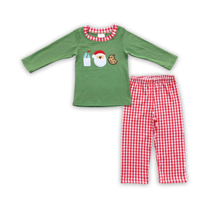 BLP0147 baby boy clothes embroidery green santa claus christmas outfits