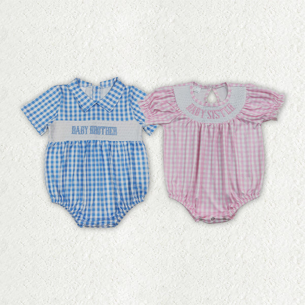 RTS Matching clothing kids baby brother baby sister letter embroidery gingham print baby short sleeve bubble romper-2026.10.7