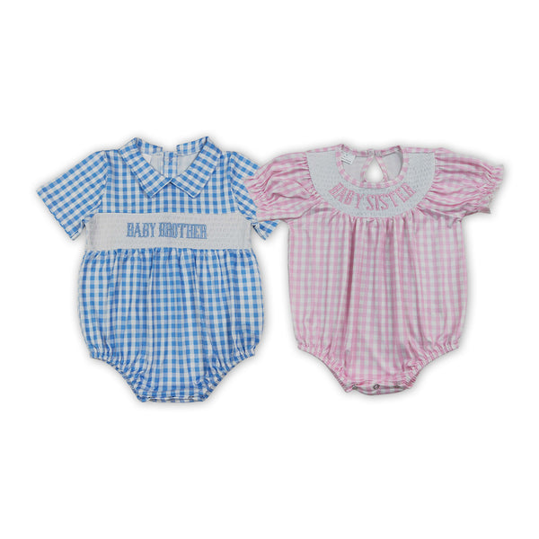 RTS Matching clothing kids baby brother baby sister letter embroidery gingham print baby short sleeve bubble romper-2026.10.7