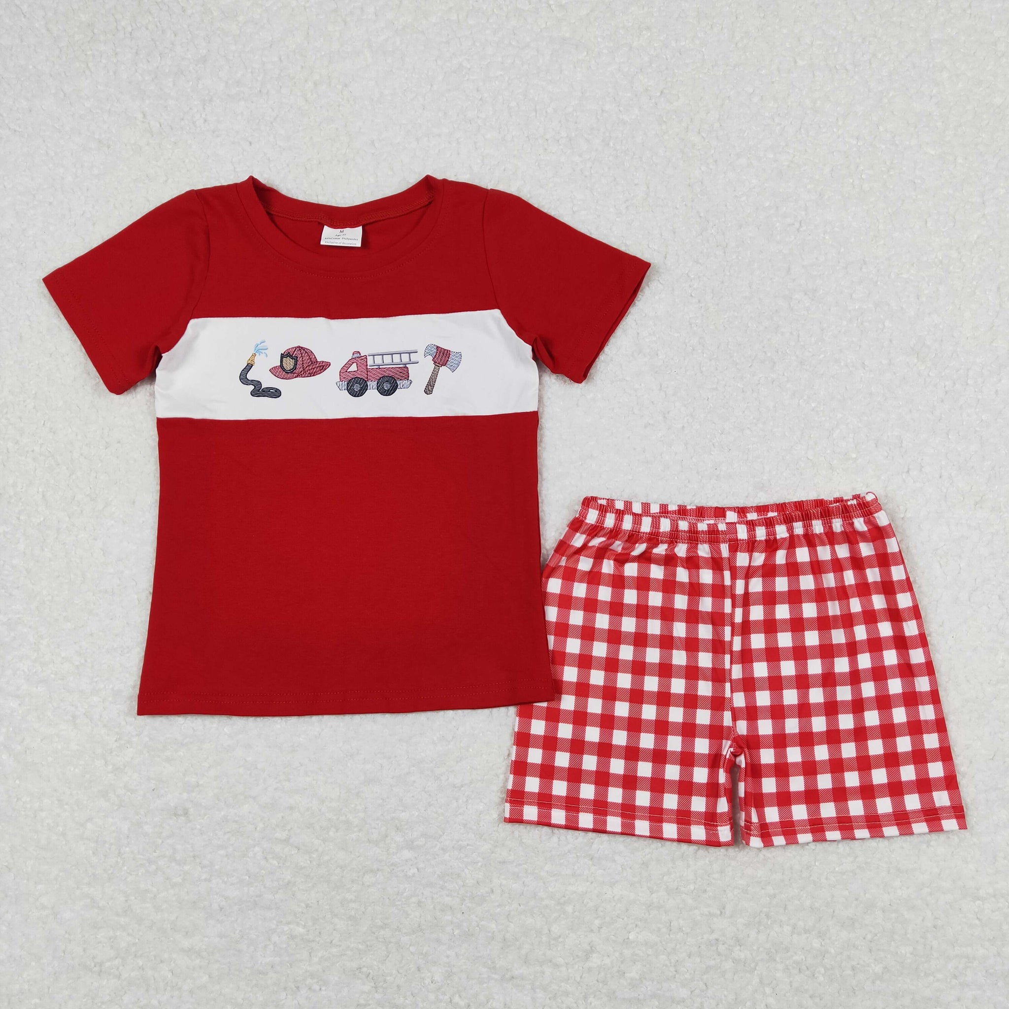 BSSO0666 RTS baby boy clothes fire truck outfit firemen gingham toddler boy summer outfits¡ꡧprint svg¡ê?