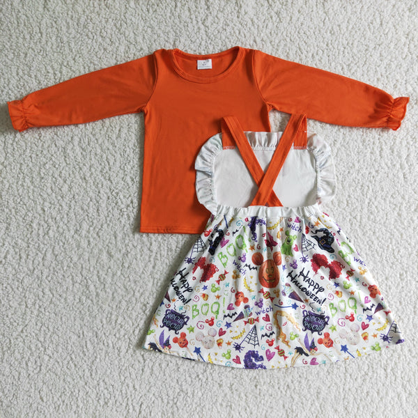 GLD0033 orange halloween clothes for kids shirt + dress set