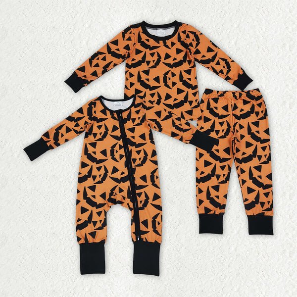 RTS Matching clothing kids halloween pumpkin face print baby long sleeve romper and pajama set-2026.10.7