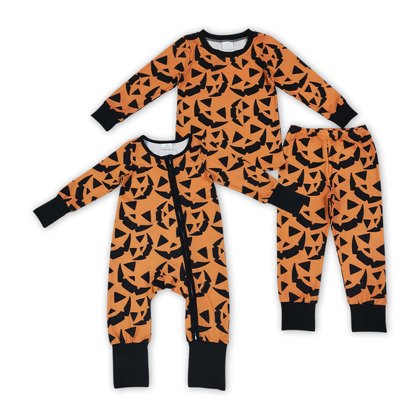 RTS Matching clothing kids halloween pumpkin face print baby long sleeve romper and pajama set-2026.10.7