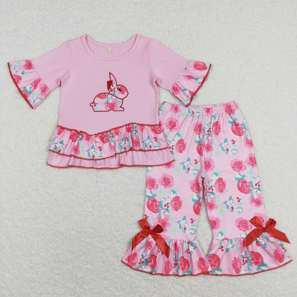 RTS Matching  toddler clothes  embroidery bunny print set girls easter summer clothing-2026.3.11