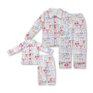 RTS Mummy and me matching clothes grandmillennial bow print winter pajamas set