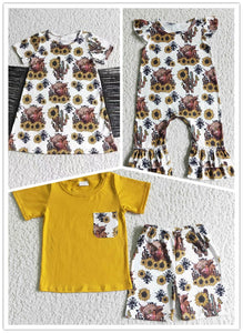 kids summer sunflower cow matching clothes