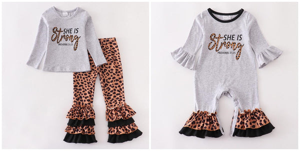 she's strong leopard matching winter kids clothes girls