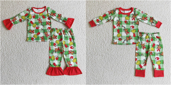 kids clothes green cartoon matching pajamas set
